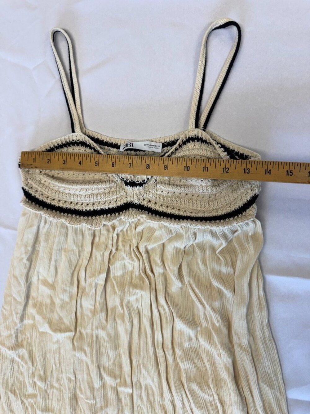 Zara Ecru Crochet Knit Maxi Dress Babydoll Silhouette Black Trim Size M Rare - Picture 7 of 11